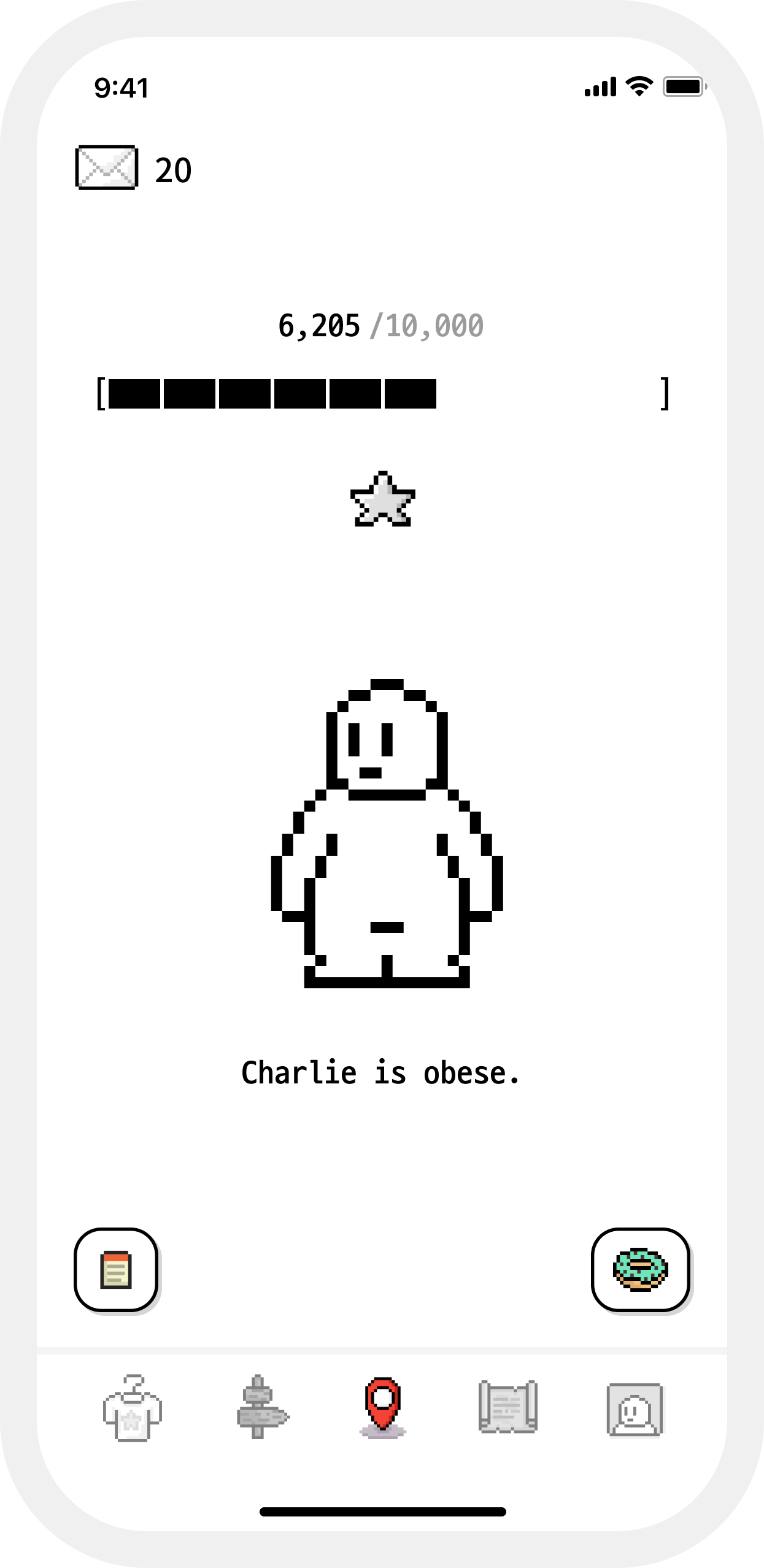 The Charlie app home screen, showing a pixel-art Charlie and today's step count.